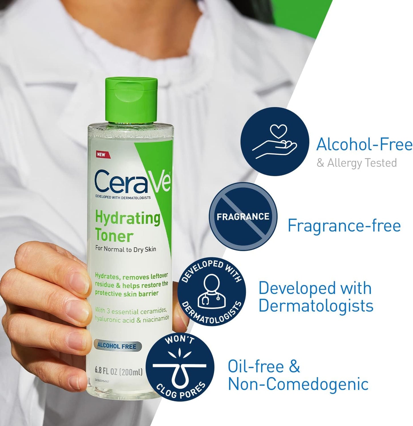 CeraVe Hydrating Toner for Face Non-Alcoholic with Hyaluronic Acid, Niacinamide, and Ceramides for Sensitive Dry Skin, Fragrance-Free Non Comedogenic, Full Size, 6.80 Ounce (Pack of 1)