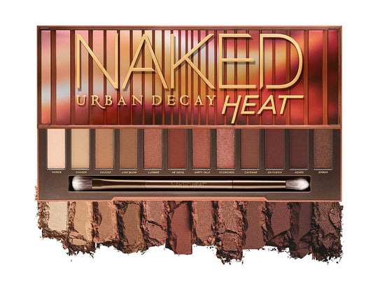 Urban Decay Naked Heat Eyeshadow Palette, 12 Fiery Amber Neutral Shades - Ultra-Blendable, Rich Colors With Velvety Texture - Set Includes Mirror & Double-Ended Makeup Brush