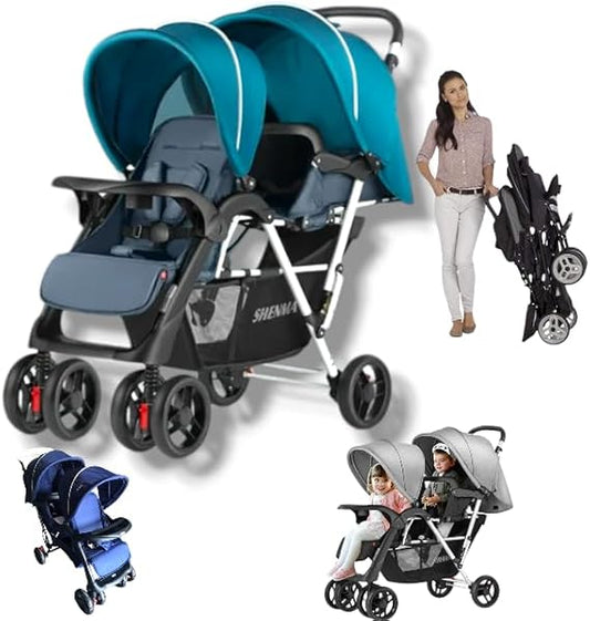 Twin baby Stroller with Canopy, Adjustable Seats, and Large Storage Basket,with food try (Navy blue)