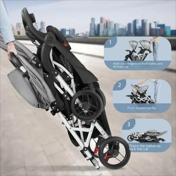 Twin baby Stroller with Canopy, Adjustable Seats, and Large Storage Basket,with food try (Navy blue)
