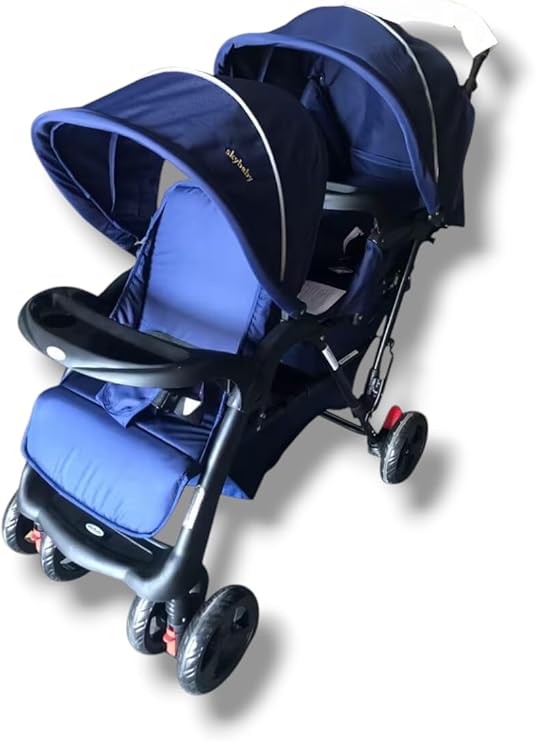 Twin baby Stroller with Canopy, Adjustable Seats, and Large Storage Basket,with food try (Navy blue)