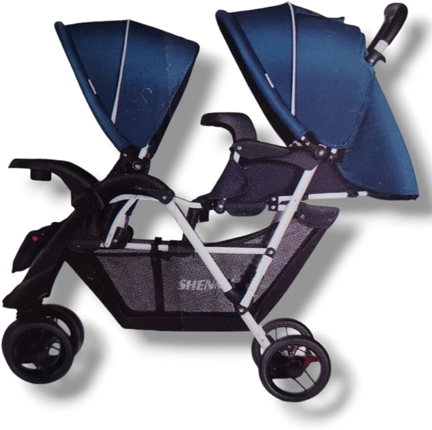 Twin baby Stroller with Canopy, Adjustable Seats, and Large Storage Basket,with food try (Navy blue)