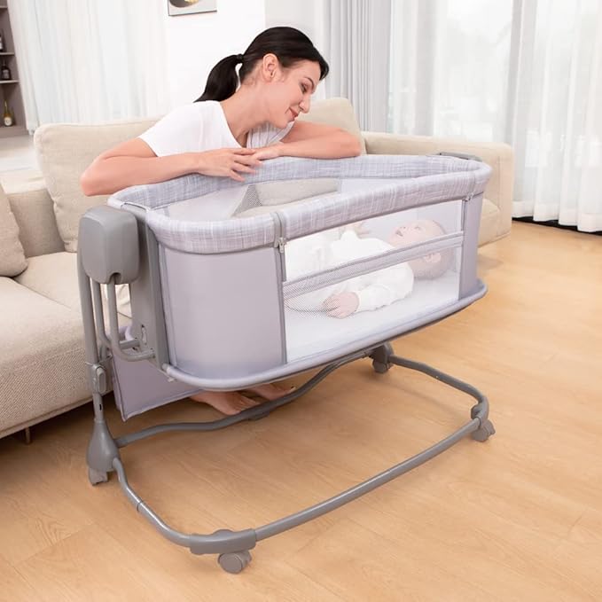 Mastela 3-in-1 Electric Swing Bedside Crib Intelligent Baby Bassinet Beside Sleeper Cradle，3 Kinds of Height Adjustment,5 Swing Speed, 3 Timing time, 15 Music, 5 Usage Modes…, Mocha Purple Grey