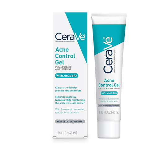 CeraVe Salicylic Acid Acne Treatment with Glycolic Acid and Lactic Acid | AHA/BHA Acne Gel for Face to Control and Clear Breakouts | Fragrance Free, Paraben Free, Oil Free & Non-Comedogenic|1.35 Ounce