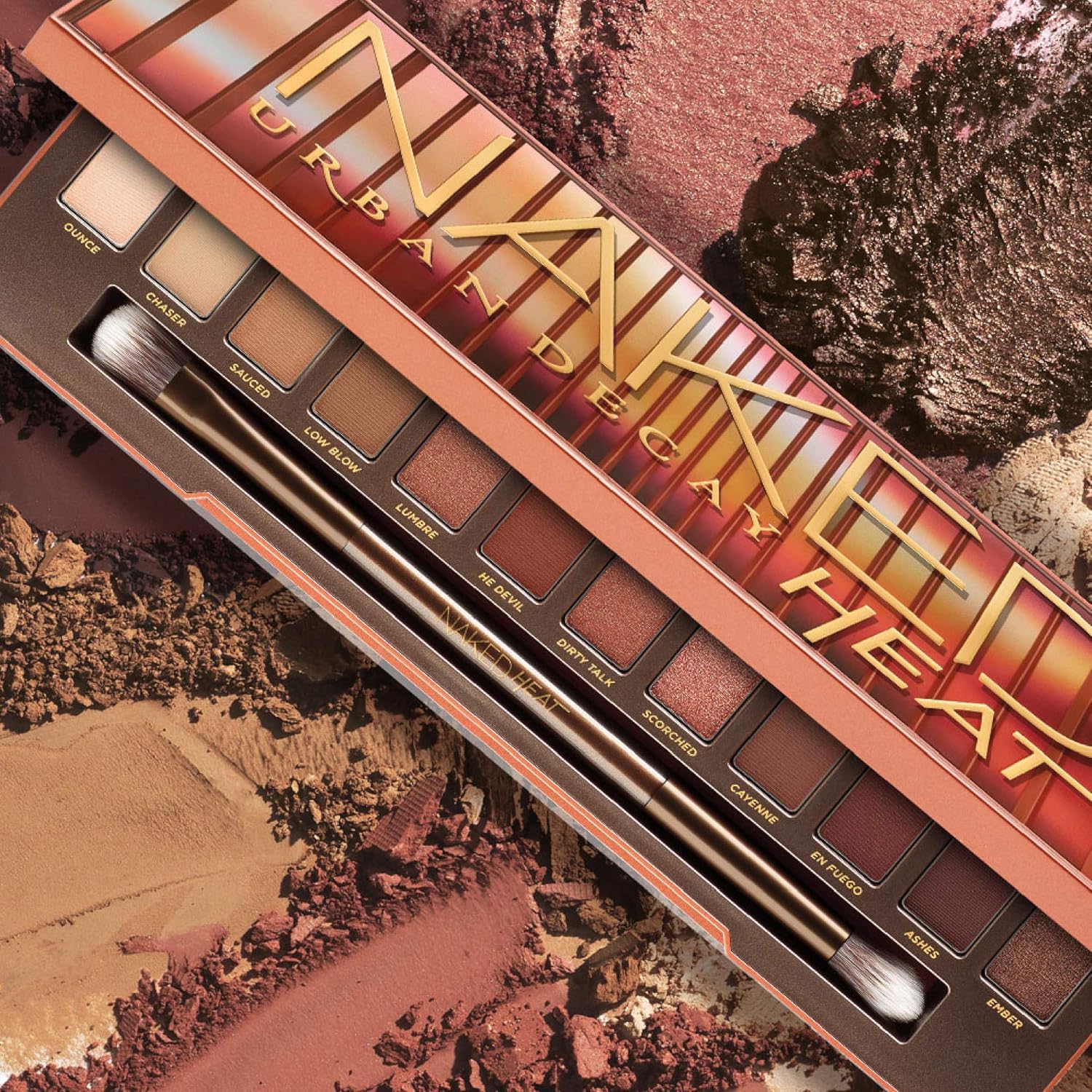 Urban Decay Naked Heat Eyeshadow Palette, 12 Fiery Amber Neutral Shades - Ultra-Blendable, Rich Colors With Velvety Texture - Set Includes Mirror & Double-Ended Makeup Brush