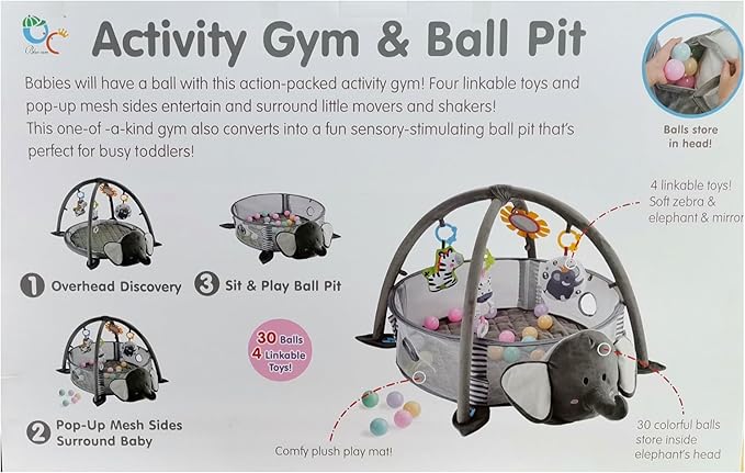 Activity Gym & Ball Pit for Babies, 30 Balls, 4 Linkable soft fabric Toys, Overhead Discovery, Pop-Up Mesh Sides