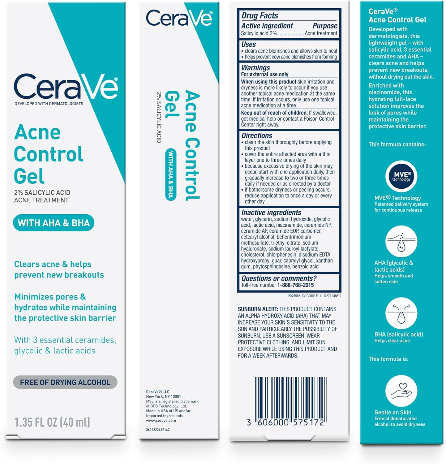 CeraVe Salicylic Acid Acne Treatment with Glycolic Acid and Lactic Acid | AHA/BHA Acne Gel for Face to Control and Clear Breakouts | Fragrance Free, Paraben Free, Oil Free & Non-Comedogenic|1.35 Ounce