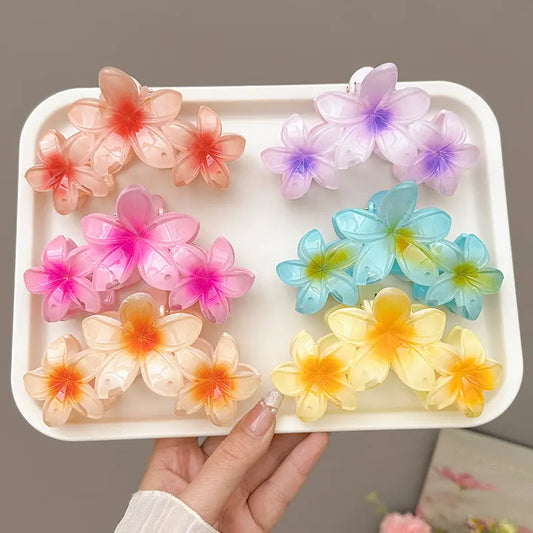 United Fashion Accessories New Design Summer Sweet Gradient Color 3 Flower Large Claw Girls Hair Accessories Acetate Big plumeria Hair Claw Clip For Women