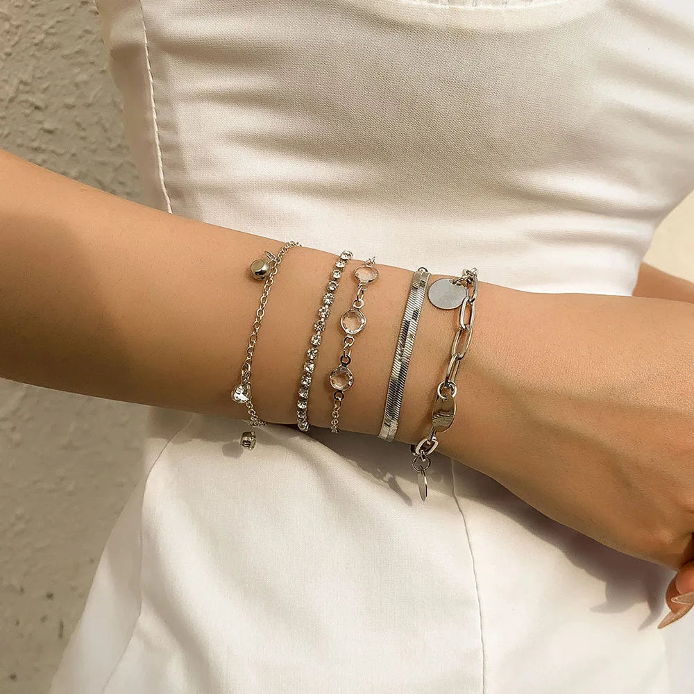 Boho Flat Snake Bone Chain Rhinestone Sequin Pendant Bracelet Set Lady Geometric Fashion Bracelets Combination Girl Jewelry