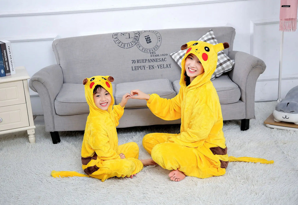 Pokemon Pikachu Warm Flannel Homewear Kids Autumn&Winter Soft Onesie Cosplay Animal Hoodie Pajamas Parent-Child Sleepwear Gift