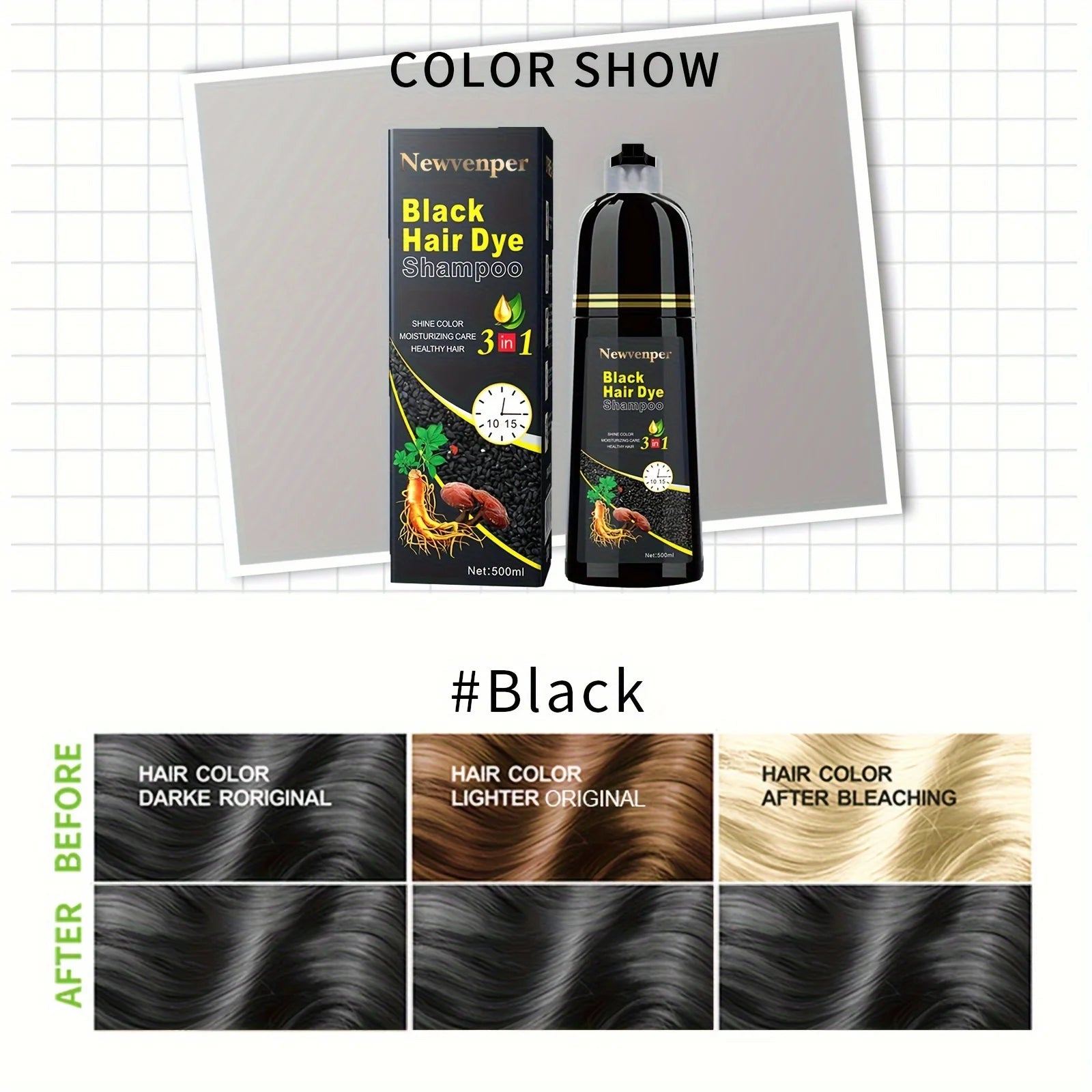 500ML/14.9 Fl.oz Black Hair Dye shampoo Coloring in Minutes Natural & Long Lasting Hair Dye Shampoo  Men & Women Hair turn Black