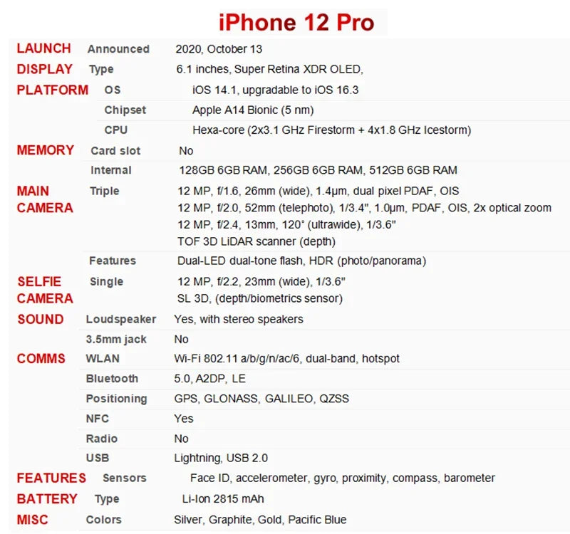iPhone 12 Pro 6GB RAM 12Pro 128/256/512GB ROM 6.1" Super Retina OLED A14 IOS Face ID Unlocked 5G Original Cell Phone