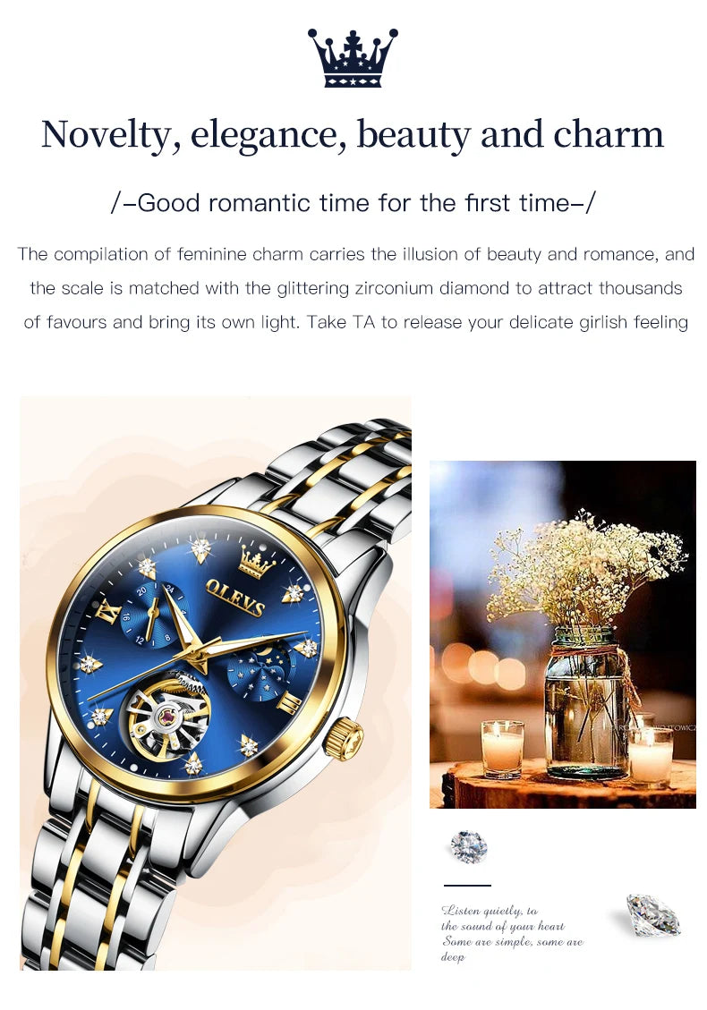 OLEVS Women's Watches Luxury Tourbillon Style Original Automatic Mechanical Watch for Woman Waterproof Luminous Ladies Watch