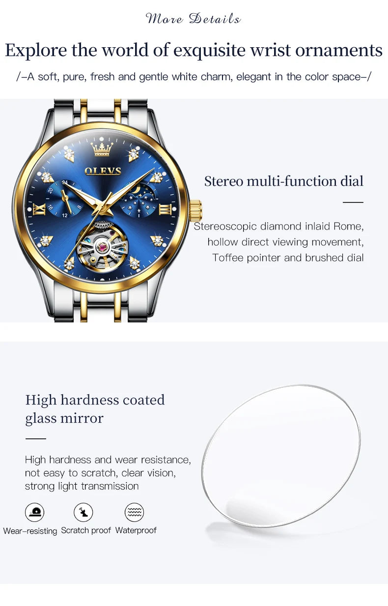 OLEVS Women's Watches Luxury Tourbillon Style Original Automatic Mechanical Watch for Woman Waterproof Luminous Ladies Watch