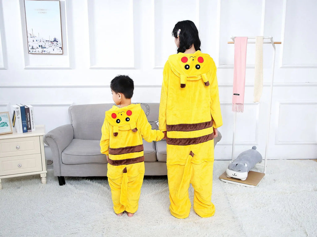 Pokemon Pikachu Warm Flannel Homewear Kids Autumn&Winter Soft Onesie Cosplay Animal Hoodie Pajamas Parent-Child Sleepwear Gift