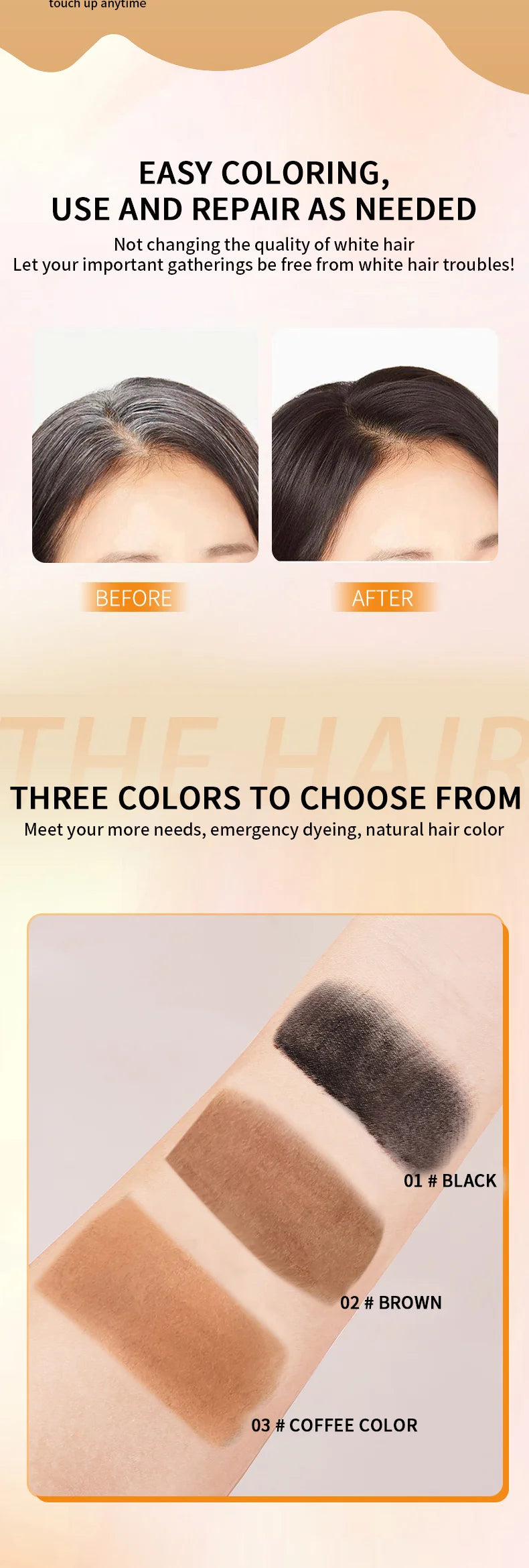 Ocheal 3-Color Quick Touch-Up Hair Stick Beard Color Stick Portable Temporary Quick Coverage Hair Pen Instant Dye Stick Comb