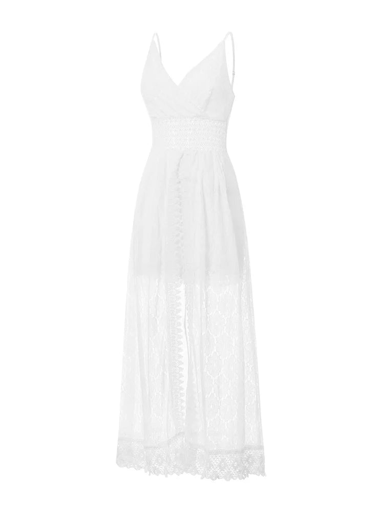 2025 Summer Women Lace Playsuit Dress Sleeveless V Neck Hollow Out Irregular Midi Dress Sexy Elegant Casual Bohemian Dresses