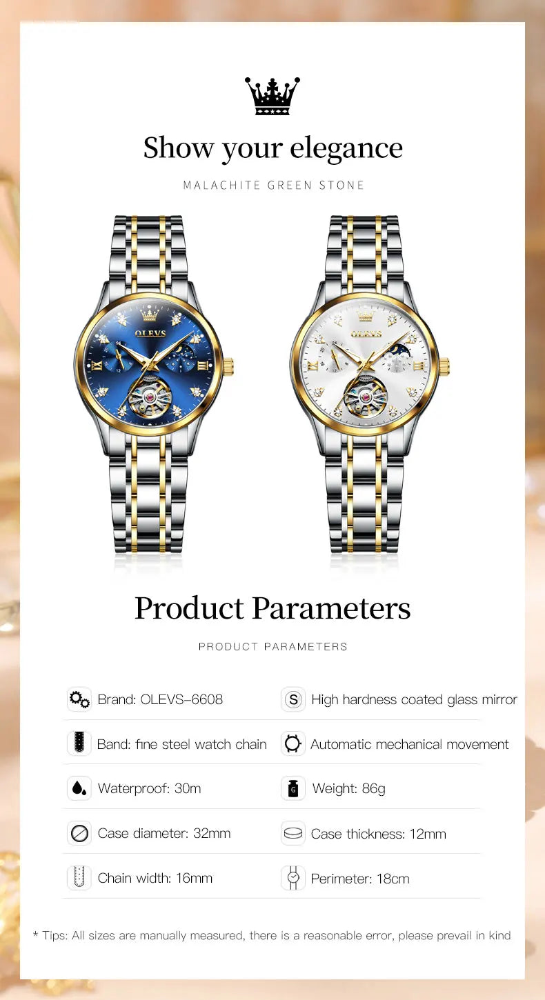 OLEVS Women's Watches Luxury Tourbillon Style Original Automatic Mechanical Watch for Woman Waterproof Luminous Ladies Watch
