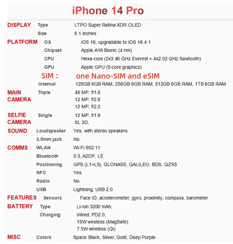 Apple iPhone 14 Pro 128/256/512GB ROM 6GB RAM 1SIM+1eSIM Original 6.1" OLED Face ID NFC A15 Unlocked 5G 98% New Smartphone