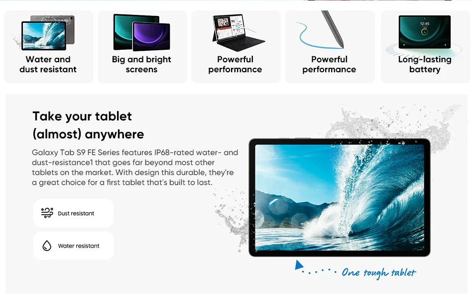 Samsung Galaxy Tab S9 FE 8GB+256GB Android Tablet 10.9" 90 Hz Screen IP68 Rating 45W Fast Charging 8000mAh Battery Exynos 1380