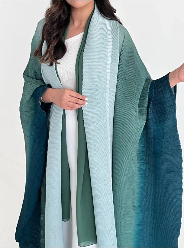 Muslim Abaya for Women Bat Sleeve Pleated Gradient Cardigan Trench Coat 2023 Autumn Dubai Abayas Plus Size Women's Luxury Coat