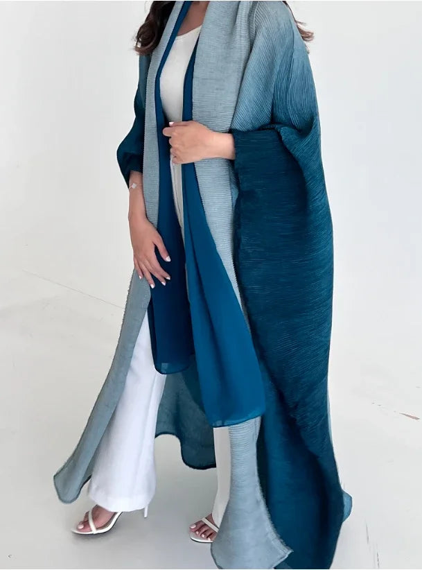 Muslim Abaya for Women Bat Sleeve Pleated Gradient Cardigan Trench Coat 2023 Autumn Dubai Abayas Plus Size Women's Luxury Coat