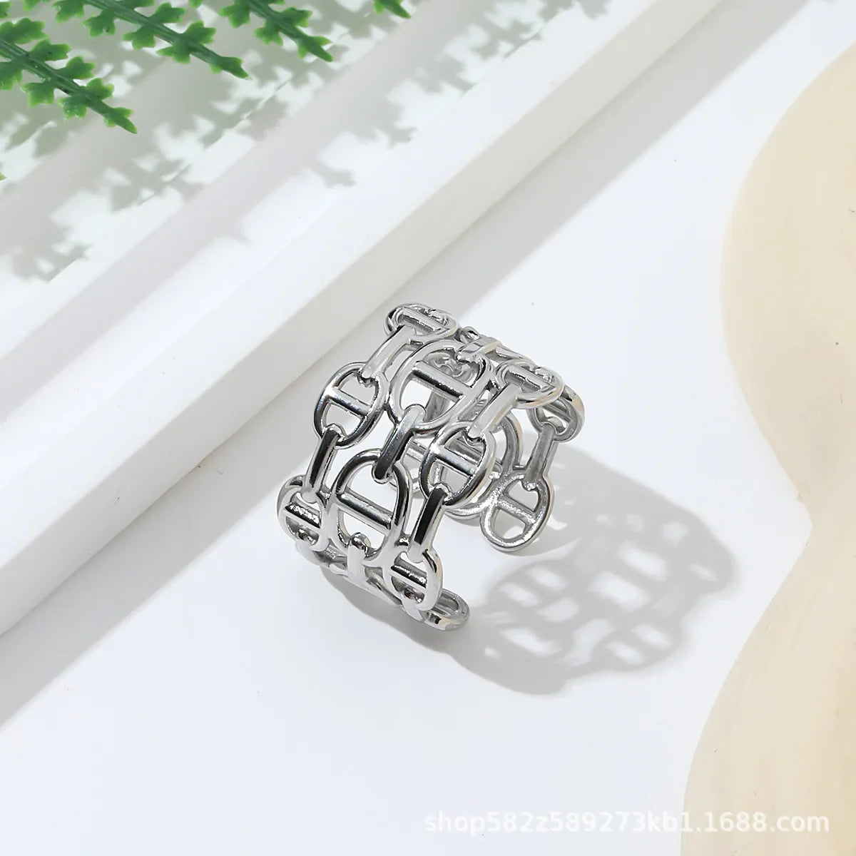 Fashionable Titanium Steel Open Ring Women's Adjustable Stainless Steel Non-Colorful Chain Link Ring Stylish Hand Jewelry