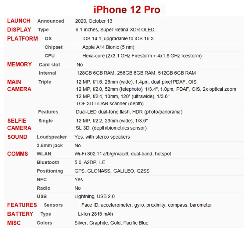 Original iPhone 12 Pro / 12ProMax 128GB 256GB ROM 6GB RAM 6.1' & 6.7' Super Retina OLED Face ID 5G Unlocked iPhone12 Promax