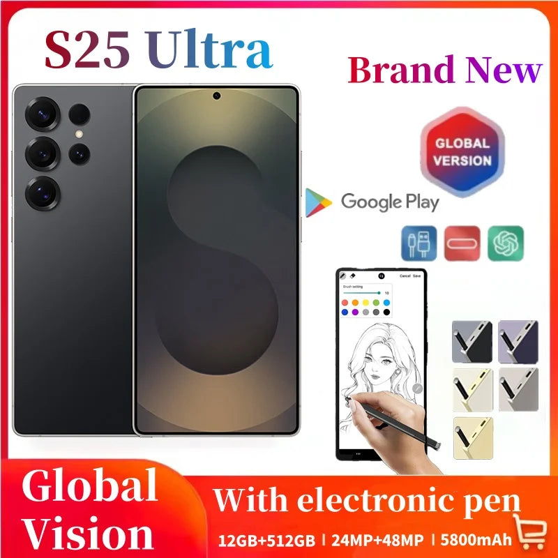 Global Vision S25 Ultra Smartphone 5G Android 12 8GB RAM 512GB ROM 6.8 Inch Phone 1920x1080HD 24+48MP 4 5G Network Mobile Phones