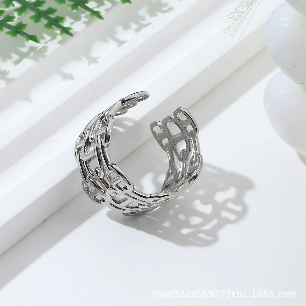 Fashionable Titanium Steel Open Ring Women's Adjustable Stainless Steel Non-Colorful Chain Link Ring Stylish Hand Jewelry