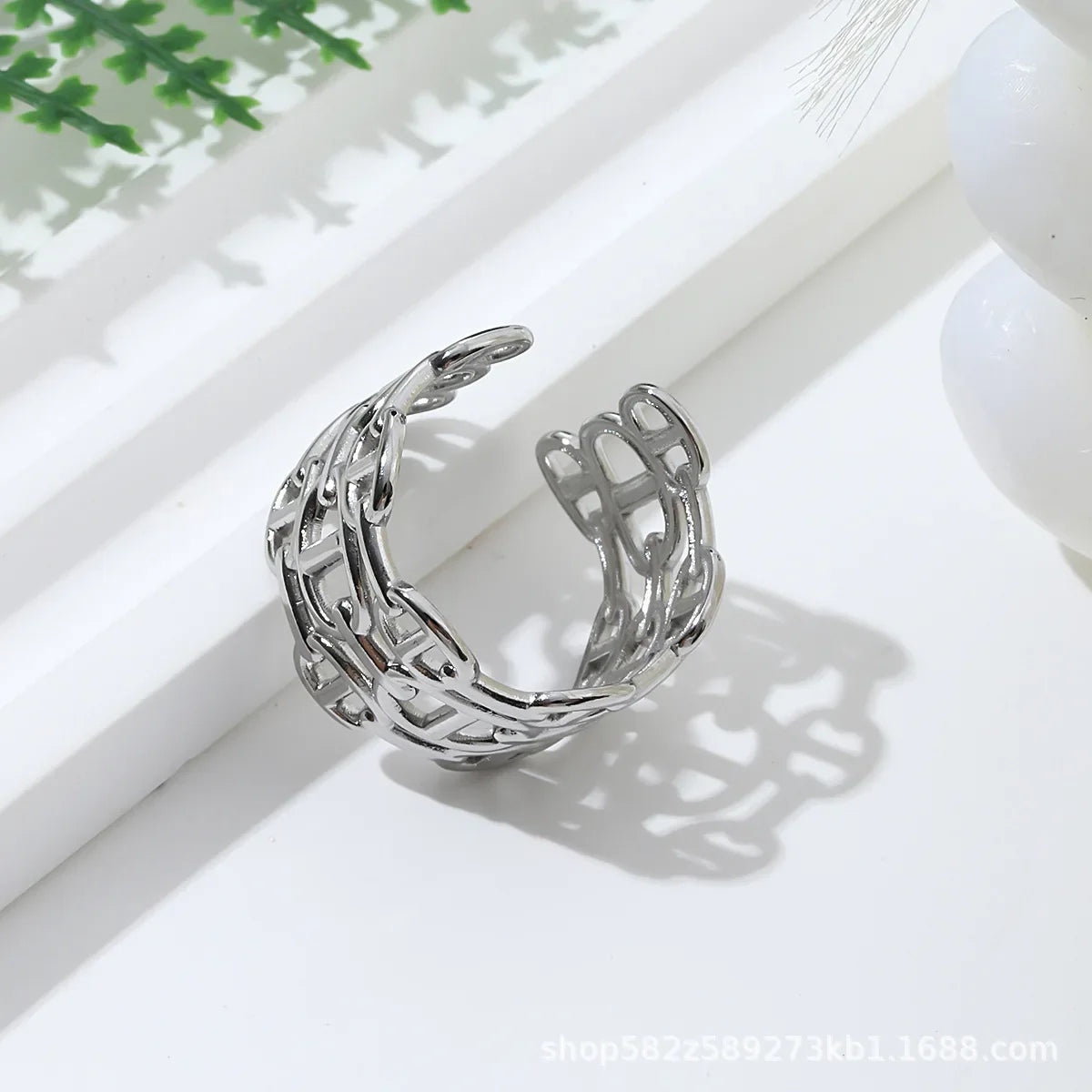 Fashionable Titanium Steel Open Ring Women's Adjustable Stainless Steel Non-Colorful Chain Link Ring Stylish Hand Jewelry