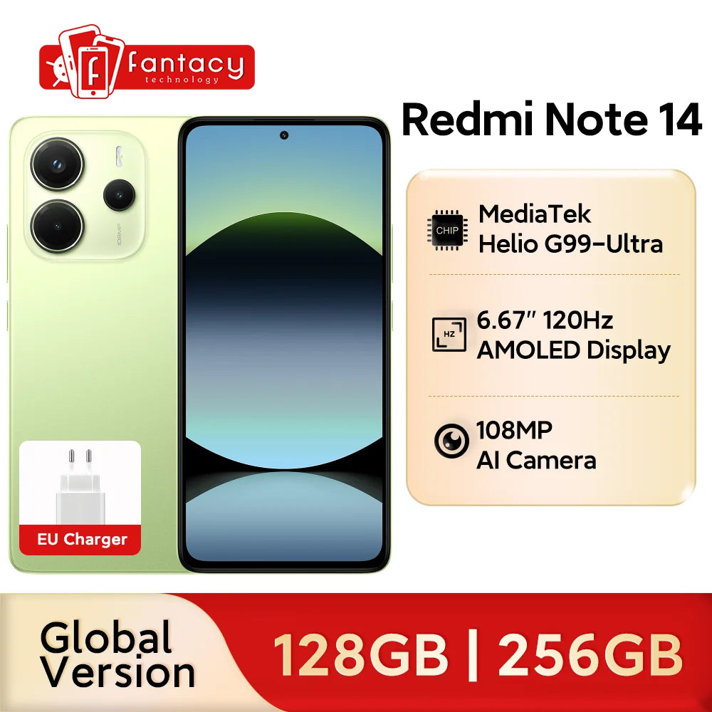 Global Version Xiaomi Redmi Note 14 4G Smartphone 128GB / 256GB ROM MediaTek Helio G99-Ultra 108MP Camera 6.67" AMOLED 5500mAh
