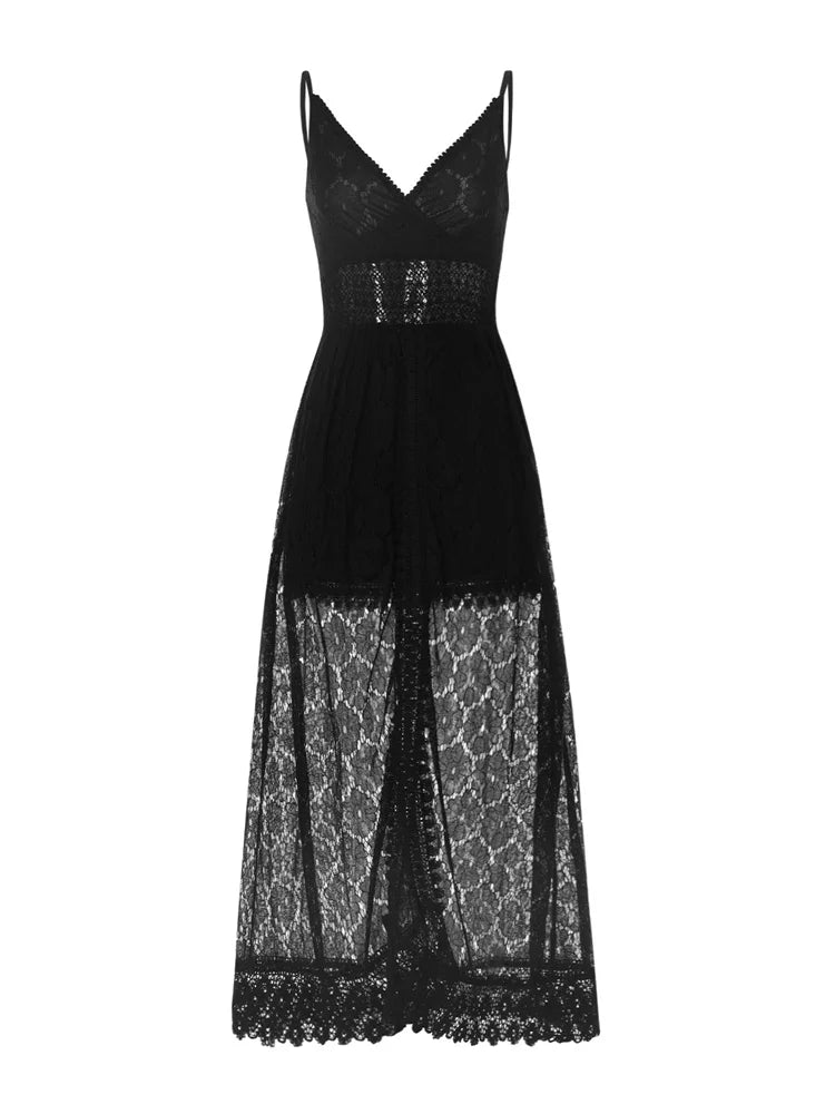 2025 Summer Women Lace Playsuit Dress Sleeveless V Neck Hollow Out Irregular Midi Dress Sexy Elegant Casual Bohemian Dresses