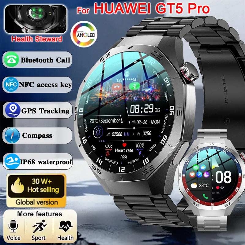 2025New For Huawei GT5 Pro Smart Watch Men HD AMOLED Screen GPS Motion trajectory HeartRate Bluetooth Call 1.52" SmartWatch IP68