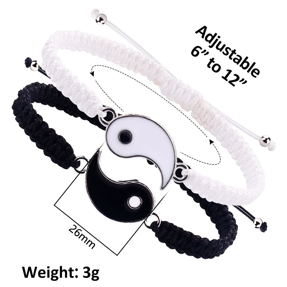 1 Set of 2 Simple Tai Chi Bagua Black and White Yin and Yang Rope Braided Telescopic Adjustment Bracelet for Men and Women Coupl