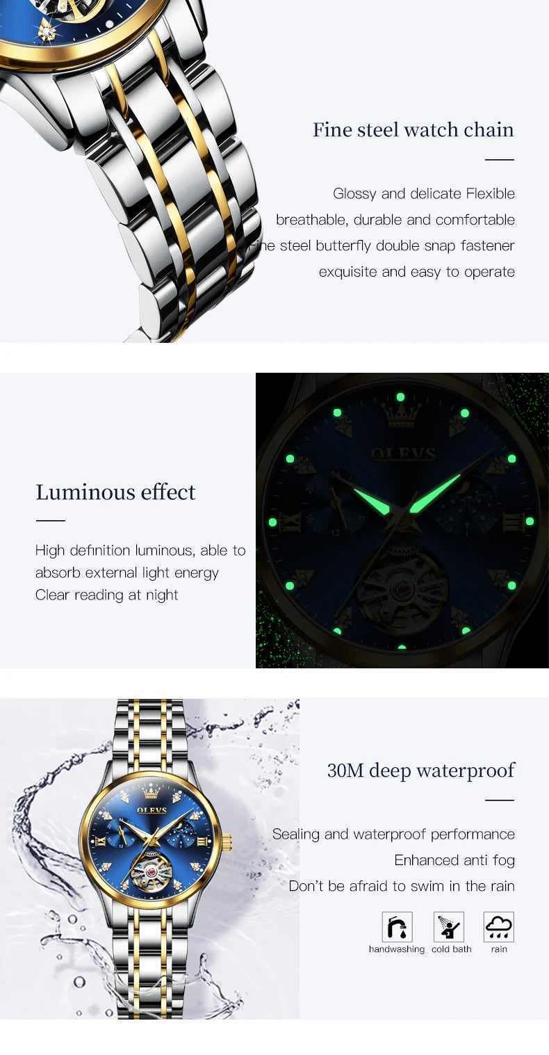 OLEVS Women's Watches Luxury Tourbillon Style Original Automatic Mechanical Watch for Woman Waterproof Luminous Ladies Watch
