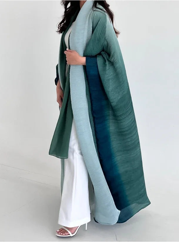 Muslim Abaya for Women Bat Sleeve Pleated Gradient Cardigan Trench Coat 2023 Autumn Dubai Abayas Plus Size Women's Luxury Coat