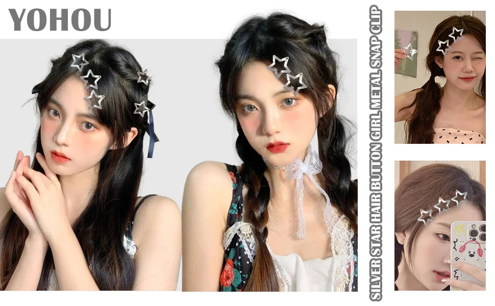 2/50Pcs Y2K Silver Star Hair Clips for Girls Filigree Star Metal Snap Clip Hairpins Barrettes Hair Jewelry Nickle Free Bobby Pin