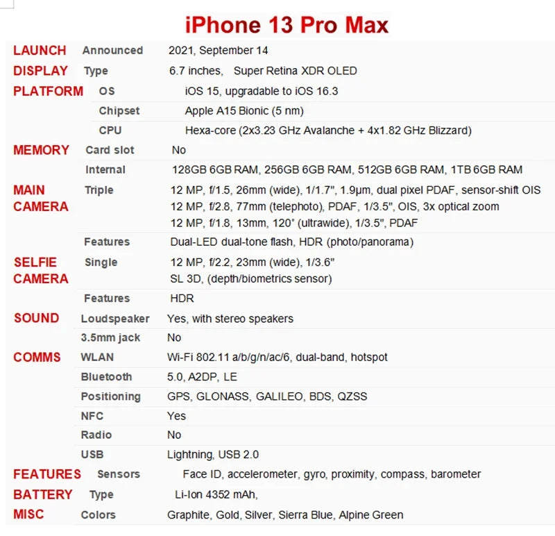 Apple iPhone 13 Pro 6.1" / iPhone 13 Pro Max 6.7" 128GB 256GB ROM Original Retina OLED RAM 6GB Face ID Unlocked 5G Mobile Phone