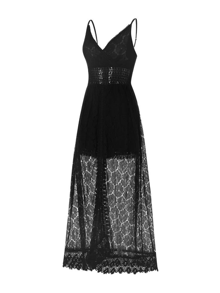 2025 Summer Women Lace Playsuit Dress Sleeveless V Neck Hollow Out Irregular Midi Dress Sexy Elegant Casual Bohemian Dresses