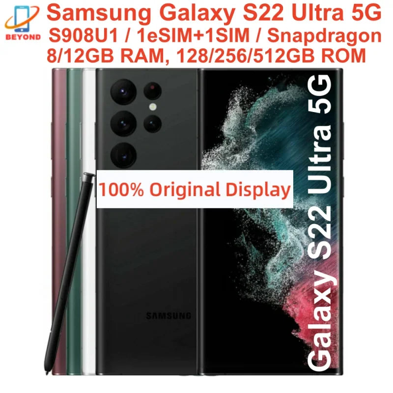 Samsung Galaxy S22 Ultra 5G S908U1 6.8" AMOLED 8/12GB 12/128/256/512GB ROM Snapdragon NFC S Pen Original Unlocked Cellphone