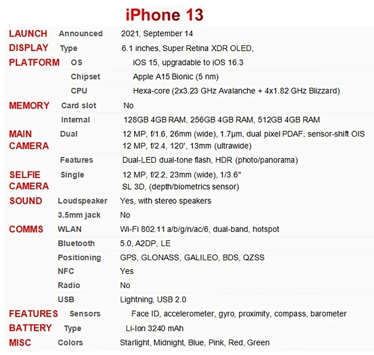 100% Original 6.1" iPhone 13 Smartphone Super Retina OLED 128/256 ROM 4GB RAM Face ID NFC A15 IOS iPhone 13 5G Mobile Phone