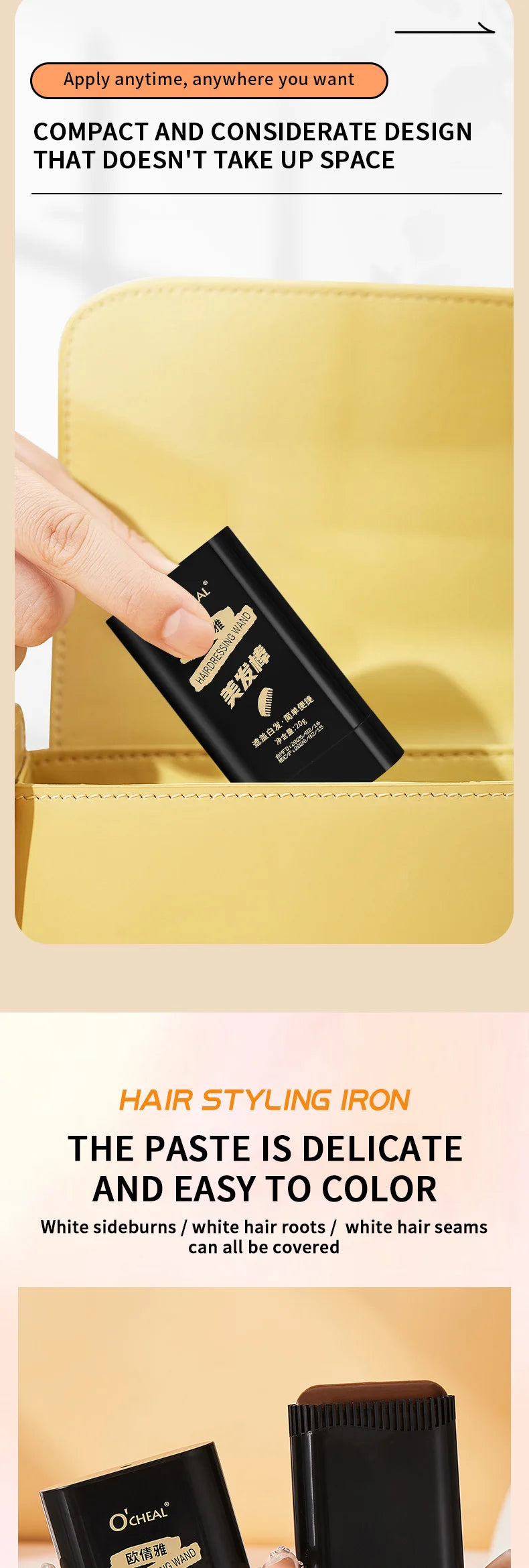 Ocheal 3-Color Quick Touch-Up Hair Stick Beard Color Stick Portable Temporary Quick Coverage Hair Pen Instant Dye Stick Comb