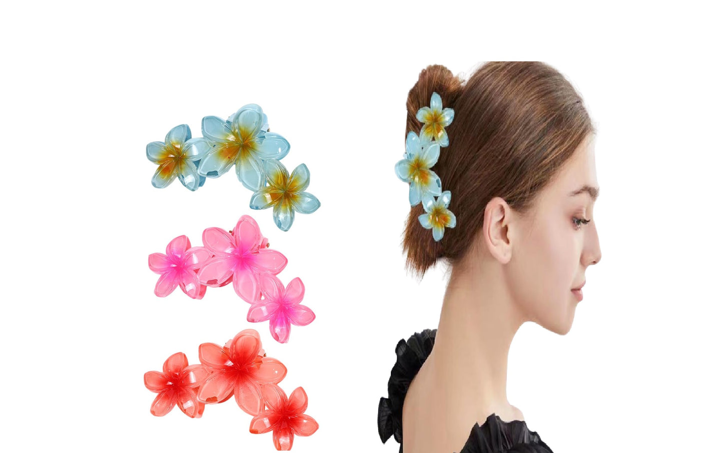 United Fashion Accessories New Design Summer Sweet Gradient Color 3 Flower Large Claw Girls Hair Accessories Acetate Big plumeria Hair Claw Clip For Women