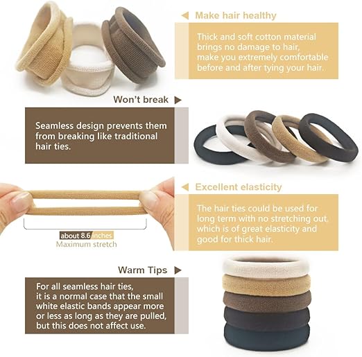 United Fashion Hair Ties, Seamless Ponytail Holders For Kids, Girls & Women No Damage, Neutral Color, 50 Pack